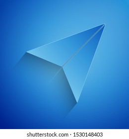 Paper cut Paper airplane icon isolated on blue background. Paper art style. Vector Illustration