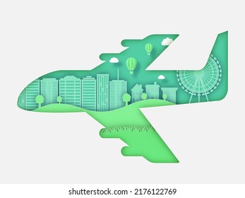 Paper Cut Airplane Shape Background With Buildings, Hot Air Balloons, Trees, Clouds And Ferris Wheel.