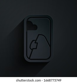 Paper cut Airplane window icon isolated on black background. Aircraft porthole. Paper art style. Vector Illustration