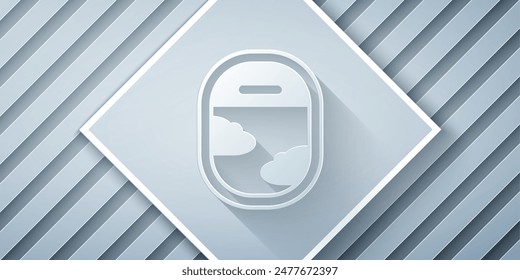 Paper cut Airplane window icon isolated on grey background. Aircraft porthole. Paper art style. Vector