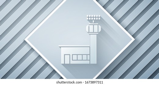 Paper cut Airport control tower icon isolated on grey background. Paper art style. Vector Illustration