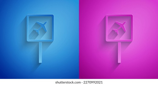 Paper cut Airport icon isolated on blue and purple background. Paper art style. Vector