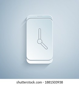 Paper cut Alarm clock app smartphone interface icon isolated on grey background. Paper art style. Vector.