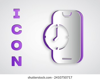 Paper cut Alarm clock app smartphone interface icon isolated on grey background. Paper art style. Vector