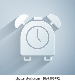 Paper cut Alarm clock icon isolated on grey background. Wake up, get up concept. Time sign. Paper art style. Vector