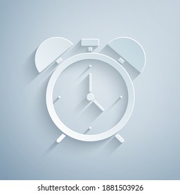 Paper cut Alarm clock icon isolated on grey background. Wake up, get up concept. Time sign. Paper art style. Vector.