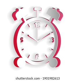 Paper cut Alarm clock icon isolated on white background. Wake up, get up concept. Time sign. Paper art style. Vector.