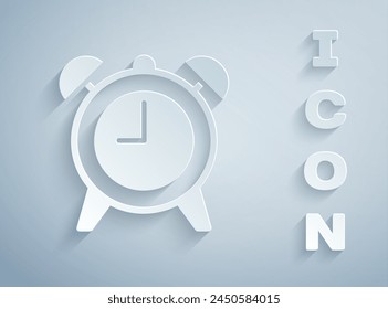 Paper cut Alarm clock icon isolated on grey background. Wake up, get up concept. Time sign. Paper art style. Vector