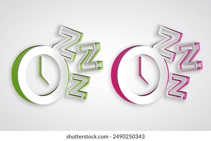 Paper cut Alarm clock icon isolated on grey background. Wake up, get up concept. Time sign. Paper art style. Vector