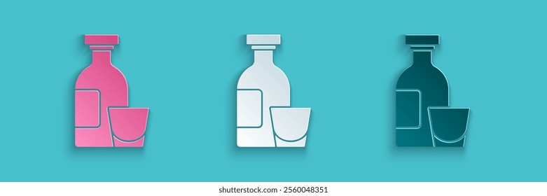 Paper cut Alcohol drink Rum bottle and glass icon isolated on blue background. Paper art style. Vector