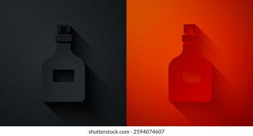 Paper cut Alcohol drink Rum bottle icon isolated on black and red background. Paper art style. Vector
