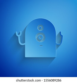 Paper cut Alien icon isolated on blue background. Extraterrestrial alien face or head symbol. Paper art style. Vector Illustration
