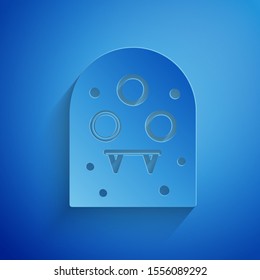 Paper cut Alien icon isolated on blue background. Extraterrestrial alien face or head symbol. Paper art style. Vector Illustration