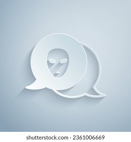 Paper cut Alien icon isolated on grey background. Extraterrestrial alien face or head symbol. Paper art style. Vector