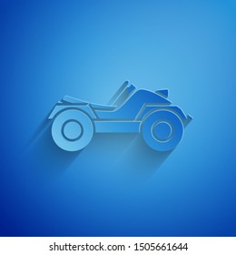 Paper cut All Terrain Vehicle or ATV motorcycle icon isolated on blue background. Quad bike. Extreme sport. Paper art style. Vector Illustration
