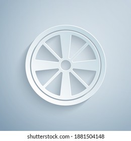 Paper cut Alloy wheel for a car icon isolated on grey background. Paper art style. Vector.