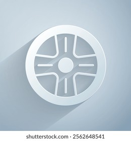 Paper cut Alloy wheel for a car icon isolated on grey background. Paper art style. Vector