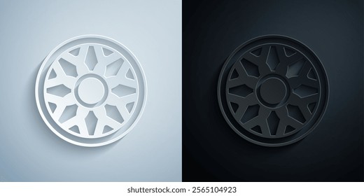 Paper cut Alloy wheel for car icon isolated on grey and black background. Paper art style. Vector