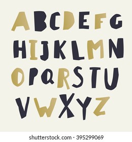 Paper Cut Alphabet. Black and gold letters. Easy edited color of letter. Capital letters. Each letter in separate group and ready for use. Good for ecology, environment, nature, organic themed designs