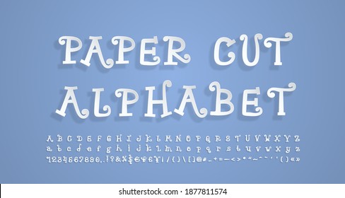 Paper cut alphabet. Flying 3D font, realistic paper cutouts style. Funny cartoon curly letters, numbers, punctuation marks. Vector font set