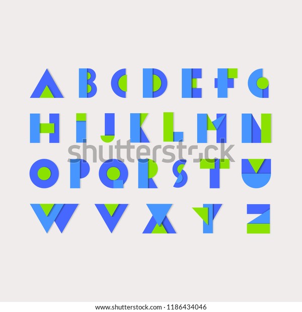 アルファベットを切り取った紙 幾何学材料のフラットデザイン文字 紙の折り紙の書体イラスト ポスター用の明るい青と緑のリアルな紙フォント トレンディデザイン のベクター画像素材 ロイヤリティフリー