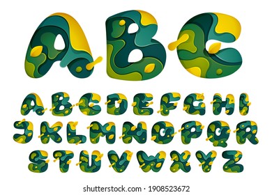 Paper cut alphabet and number set. Layer carving style effect logos. Green origami element perfect for agriculture labels, eco friendly food emblem, landscape posters and garden identity, etc.