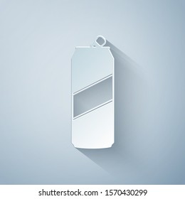 Paper cut Aluminum can icon isolated on grey background. Paper art style. Vector Illustration