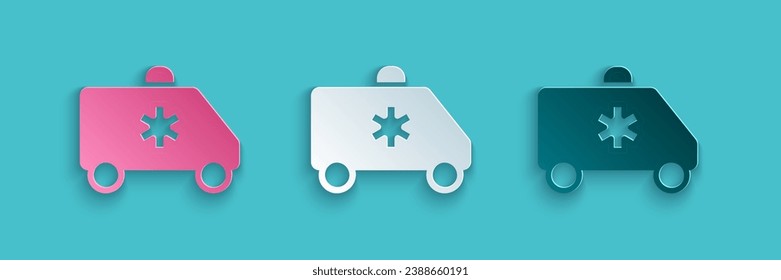Paper cut Ambulance and emergency car icon isolated on blue background. Ambulance vehicle medical evacuation. Paper art style. Vector