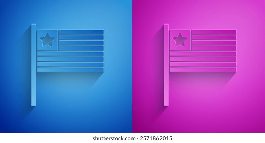 Paper cut American flag icon isolated on blue and purple background. Flag of USA. United States of America. Paper art style. Vector
