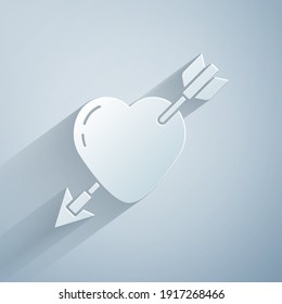 Paper cut Amour symbol with heart and arrow icon isolated on grey background. Love sign. Valentines symbol. Paper art style. Vector