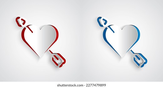Paper cut Amour symbol with heart and arrow icon isolated on grey background. Love sign. Happy Valentines day. Paper art style. Vector