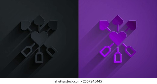 Paper cut Amour symbol with heart and arrow icon isolated on black on purple background. Love sign. Happy Valentines day. Paper art style. Vector