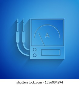 Paper cut Ampere meter, multimeter, voltmeter icon isolated on blue background. Instruments for measurement of electric current. Paper art style. Vector Illustration