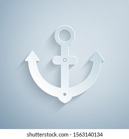 Paper cut Anchor icon isolated on grey background. Paper art style. Vector Illustration
