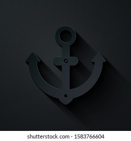 Paper cut Anchor icon isolated on black background. Paper art style. Vector Illustration