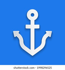 Paper cut Anchor icon isolated on blue background. Paper art style. Vector