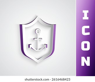 Paper cut Anchor inside shield icon isolated on grey background. Paper art style. Vector