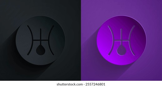 Paper cut Ancient astrological symbol of Uranus icon isolated on black on purple background. Astrology planet. Zodiac and astrology sign. Paper art style. Vector