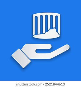 Paper cut Ancient column icon isolated on blue background. Paper art style. Vector