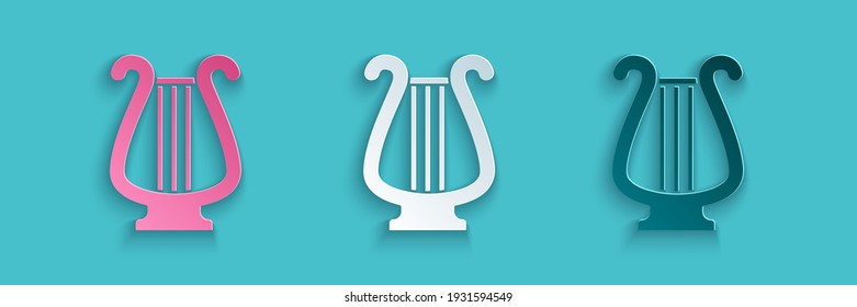 Paper cut Ancient Greek lyre icon isolated on blue background. Classical music instrument, orhestra string acoustic element. Paper art style. Vector