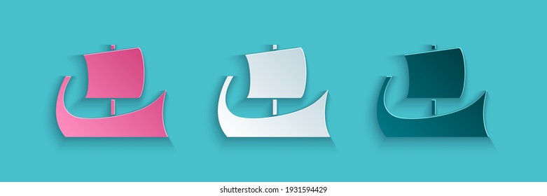 Paper cut Ancient Greek trireme icon isolated on blue background. Paper art style. Vector