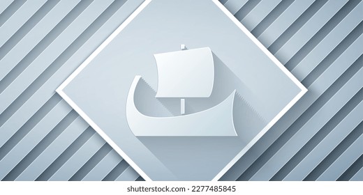 Paper cut Ancient Greek trireme icon isolated on grey background. Paper art style. Vector