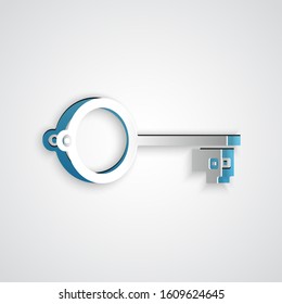 Paper cut Ancient key for game icon isolated on grey background. Paper art style. Vector Illustration