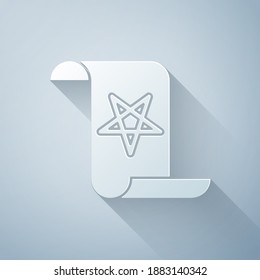 Paper cut Ancient magic book with alchemy recipes and mystic spells and enchantments icon isolated on grey background. Paper art style. Vector