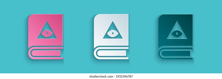 Paper cut Ancient magic book with alchemy recipes and mystic spells and enchantments icon isolated on blue background. Paper art style. Vector