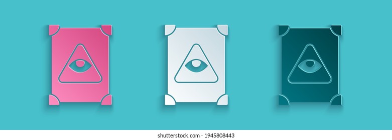 Paper cut Ancient magic book with alchemy recipes and mystic spells and enchantments icon isolated on blue background. Paper art style. Vector