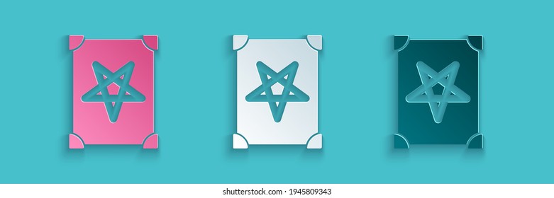 Paper cut Ancient magic book with alchemy recipes and mystic spells and enchantments icon isolated on blue background. Paper art style. Vector