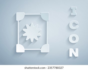 Paper cut Ancient magic book with alchemy recipes and mystic spells and enchantments icon isolated on grey background. Paper art style. Vector