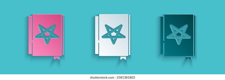 Paper cut Ancient magic book with alchemy recipes and mystic spells and enchantments icon isolated on blue background. Paper art style. Vector