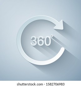 Paper cut Angle 360 degrees icon isolated on grey background. Rotation of 360 degrees. Geometry math symbol. Full rotation. Paper art style. Vector Illustration